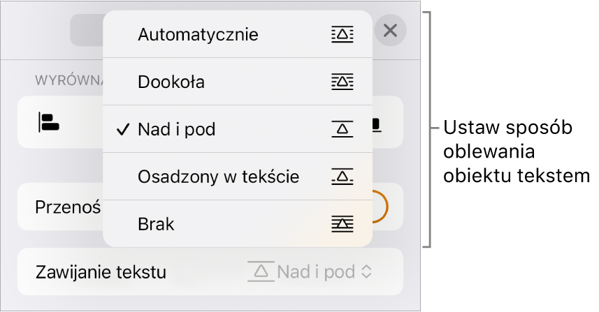 Narzędzia oblewania tekstem z ustawieniami: Automatyczne, Dookoła, Nad i pod, Osadzony w tekście oraz Brak.