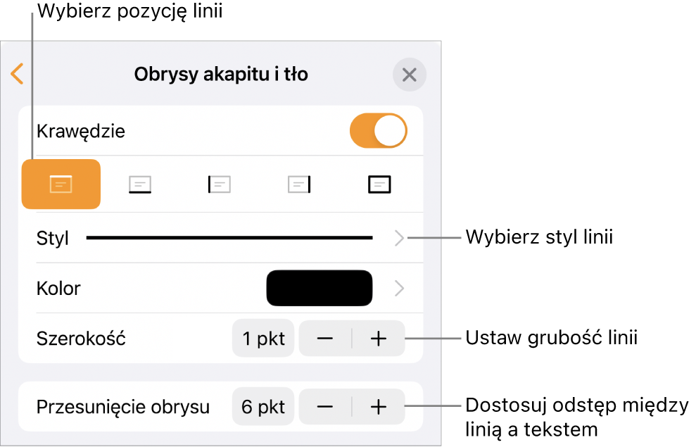 Narzędzia zmieniania stylu, grubości, pozycji i koloru linii.