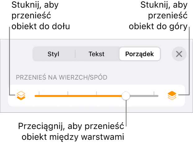 Przycisk przenoszenia niżej, przycisk przenoszenia wyżej i suwak warstw.