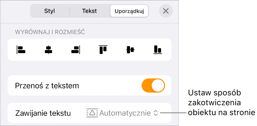 Narzędzia porządkowania: Przenoś z tekstem i Oblewanie tekstem.