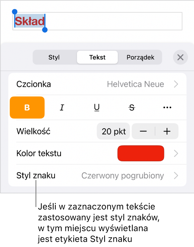 Narzędzia formatowania tekstu oraz menu stylów znaków widoczne poniżej narzędzi koloru. Styl znaków Brak wyświetlany jest z gwiazdką.
