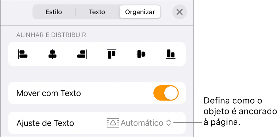 Controles em Organizar, com “Mover com Texto” e “Ajuste de Texto”.
