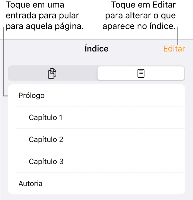 Visualização do índice, com os títulos em uma lista. O botão Editar aparece no canto superior direito e os botões “Miniaturas de Página” e “Índice” aparecem na parte inferior.