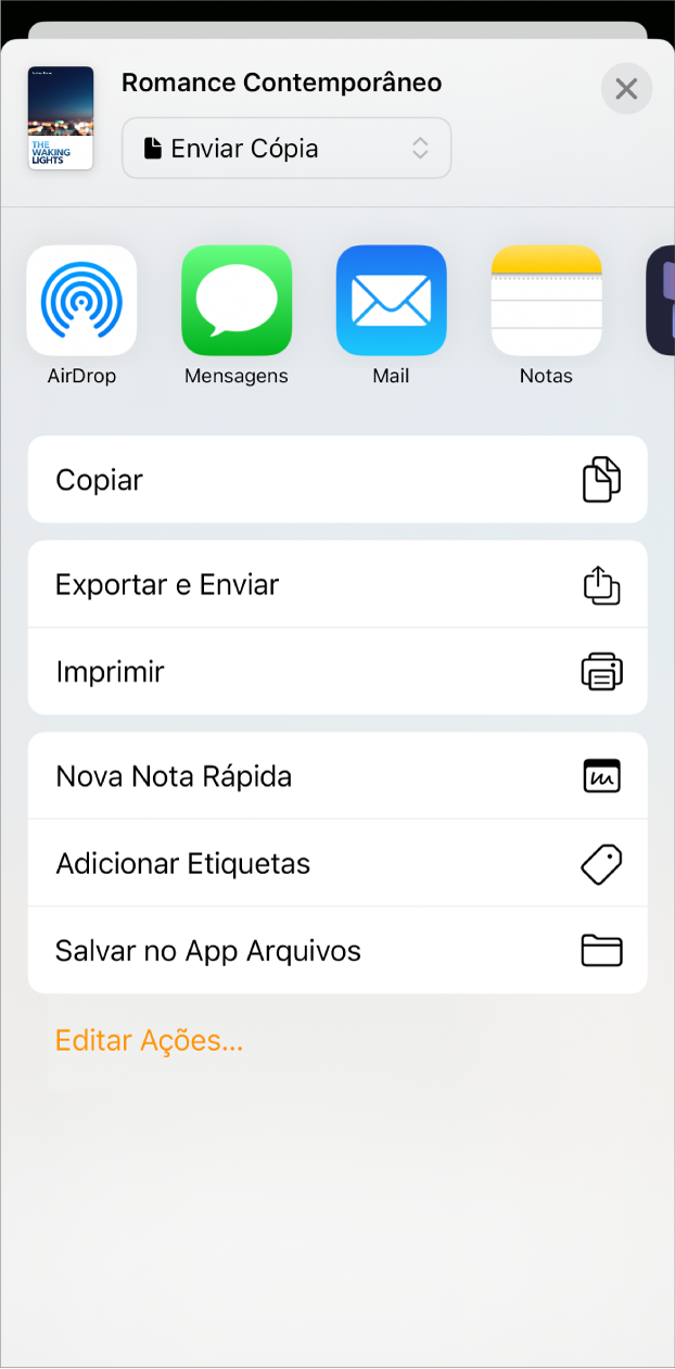 O menu Compartilhar aparece, com opções de envio na parte superior e as opções Copiar, Exportar e Enviar, Imprimir, Nova Nota Rápida, Adicionar Etiquetas e Salvar em Arquivos abaixo.