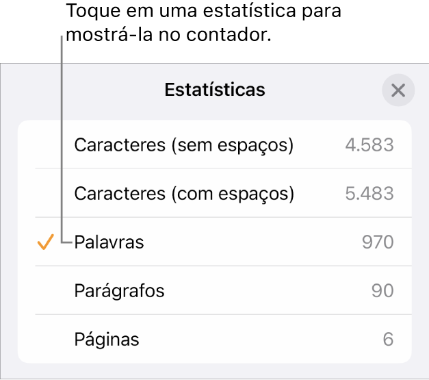 O menu Estatísticas mostrando opções para mostrar o número de caracteres com e sem espaços, contagem de palavras, contagem de parágrafos e contagem de páginas.