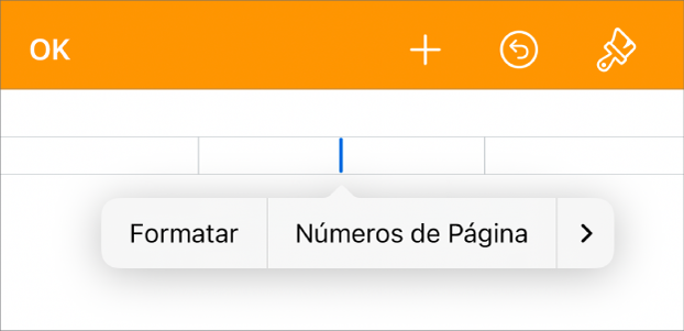 Janela “Configuração do Documento” com o ponto de inserção em um campo de cabeçalho e um menu pop-up com dois itens de menu: “Números de Página” e Inserir.