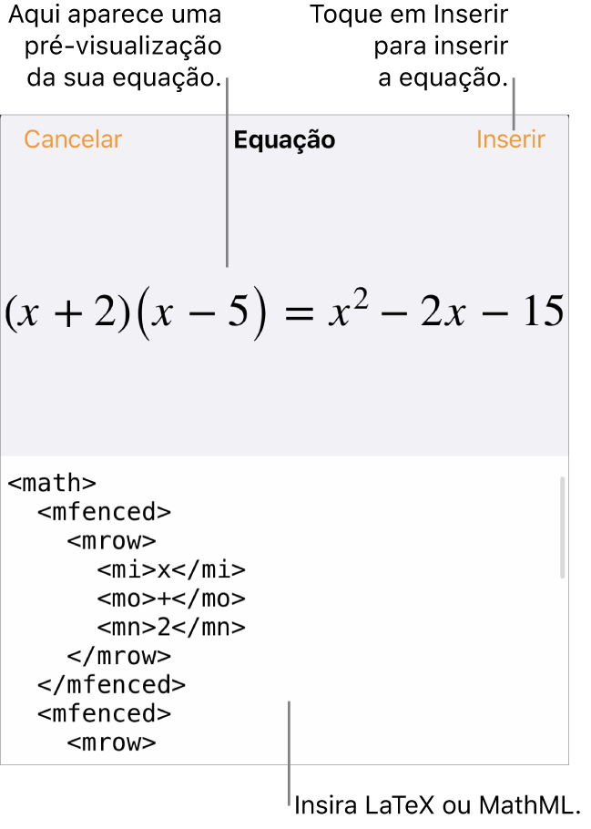 O diálogo de Equação, mostrando uma equação escrita com comandos MathML e uma pré-visualização da fórmula acima.