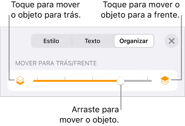 Botão Mover para Trás, botão Mover para a Frente e controle deslizante de camada