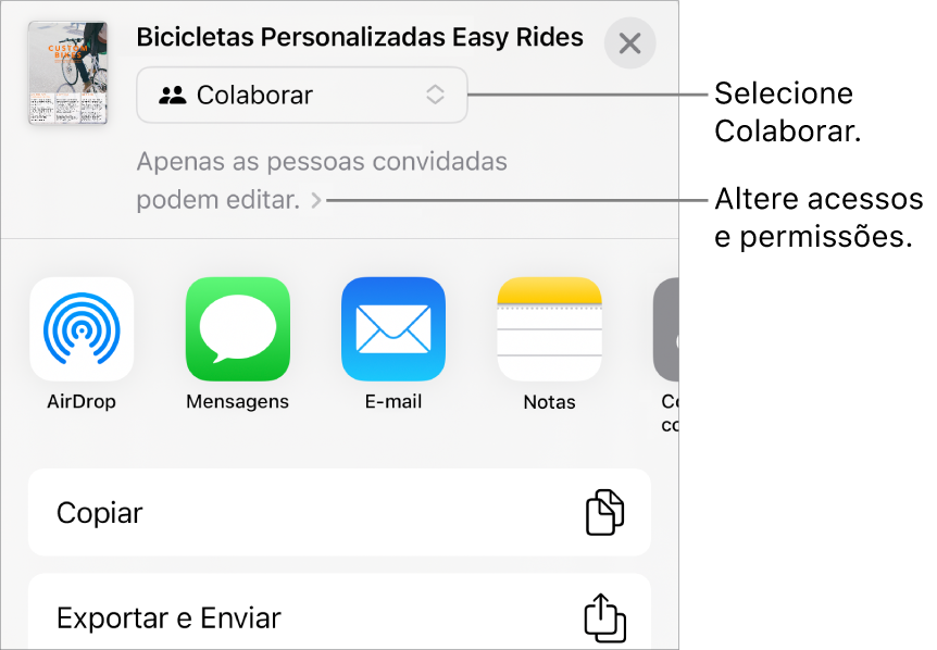 Menu Compartilhar com Colaborar selecionado na parte superior e os ajustes de acesso e permissão abaixo.