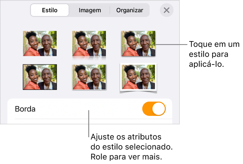 Estilo, do menu Formatar, com estilos de objetos na parte superior e um controle abaixo para alterar a borda.