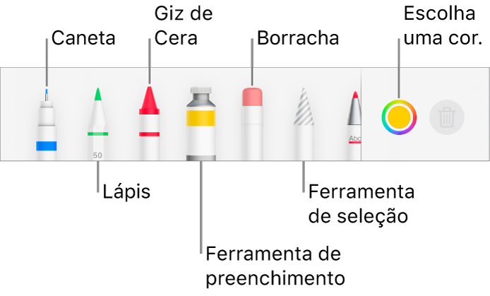 Barra de ferramentas de desenho no Pages do iPhone com caneta, lápis, giz de cera, ferramenta de preenchimento, borracha, ferramenta de seleção e quadro de cores mostrando a cor atual.