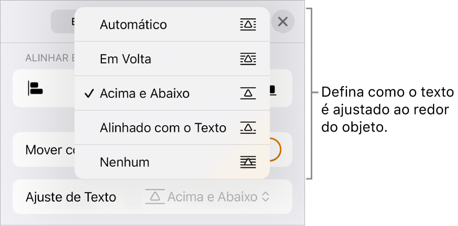 Controles em “Ajuste de Texto”, com ajustes Automático, Em Volta, “Acima e Abaixo”, “Alinhado com o Texto” e Nenhum.