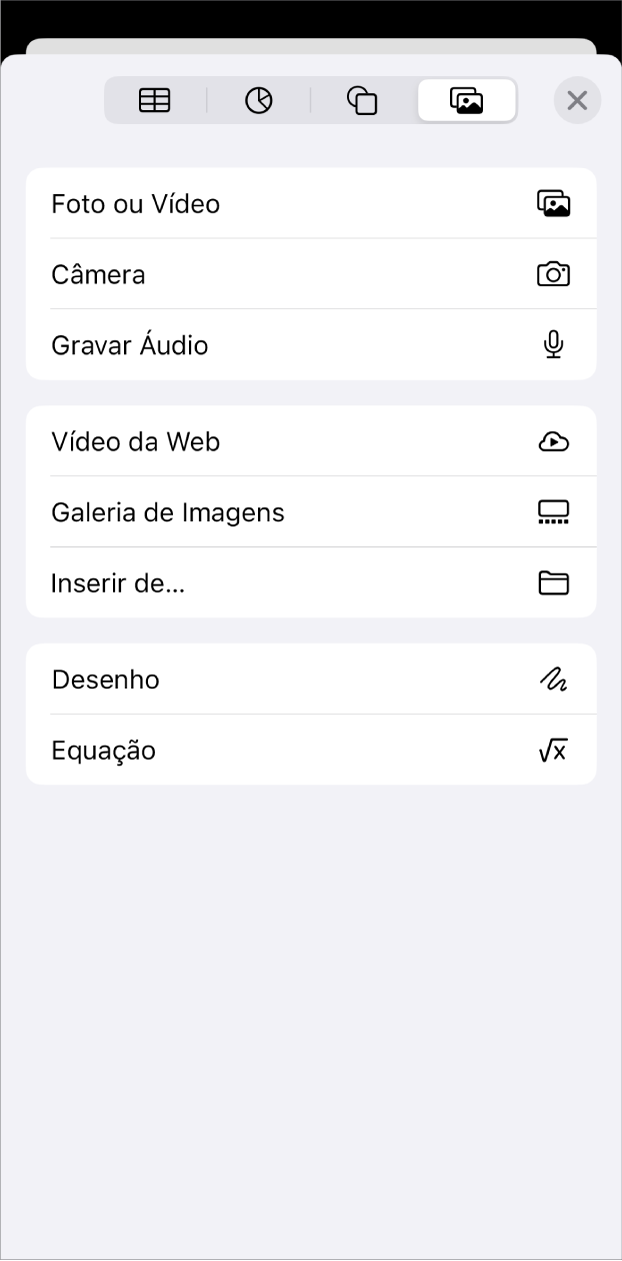 O menu Adicionar Mídia.