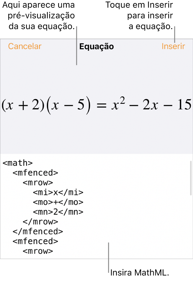 O diálogo de Equação, mostrando uma equação escrita com comandos MathML e uma pré-visualização da fórmula acima.