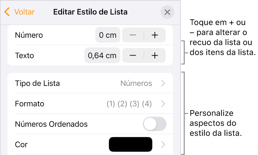 Menu Editar Estilo de Lista com controles para espaçamento de recuo, formato e tipo de lista, números ordenados e entrelinha.