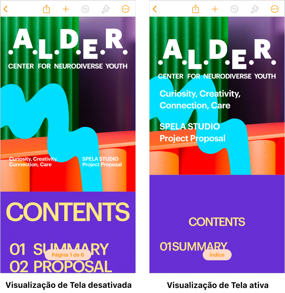 Duas visualizações do mesmo documento do Pages, uma com a Visualização de Tela ativada e outra com a Visualização de Tela desativada. Na versão com a Visualização de Tela ativada, o tamanho do texto é ajustado para a tela e as quebras de página e os cabeçalhos são ocultos.