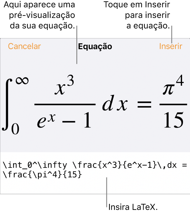 O diálogo de Equação, mostrando uma equação escrita com comandos LaTex e uma pré-visualização da fórmula acima.