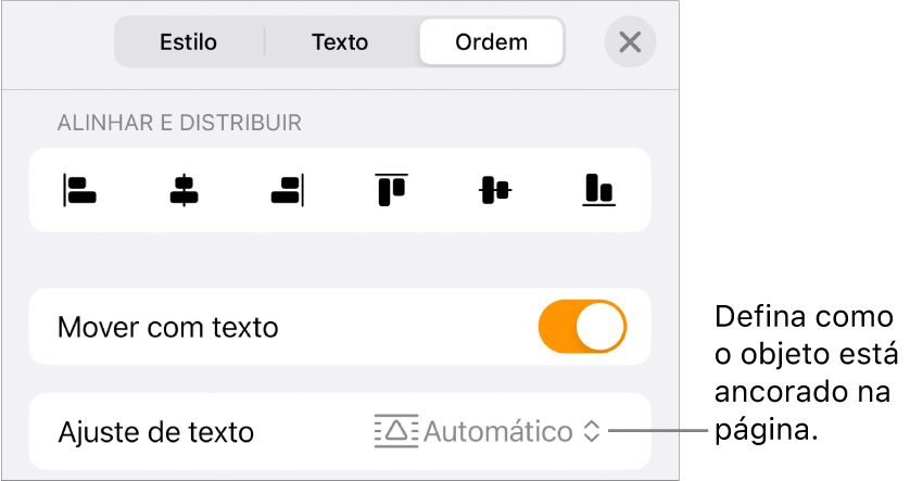 Os controlos "Ordem” com “Mover com texto” e “Ajuste de texto”.