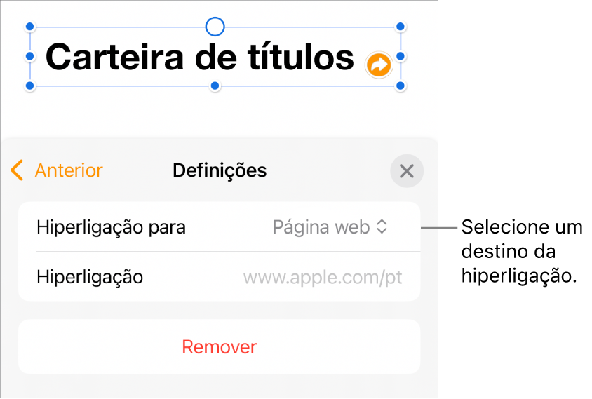 Os controlos “Definições” com a página web selecionada e o botão “Remover” na parte inferior.