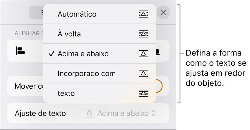 Os controlos “Ajuste de texto” com definições para Automático, “À volta”, “Por cima e por baixo”, “Incorporado com texto” e Nenhum.