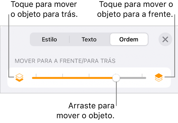 O botão “Mover para trás”, o botão “Mover para a frente” e o nivelador da camada.