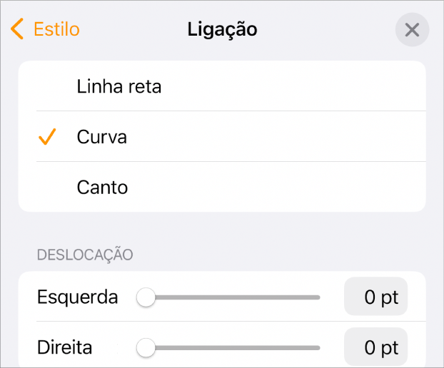 Os controlos de “Ligação” com “Curva” selecionada.