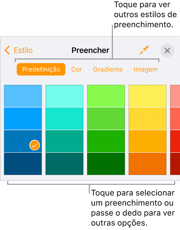 Opções de preenchimento no separador "Estilo” do botão “Formatação”.