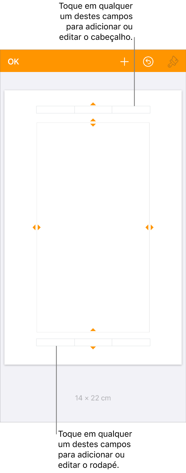 A vista “Mais opções” com três campos na parte superior do documento para cabeçalhos e três campos na parte inferior para rodapés.