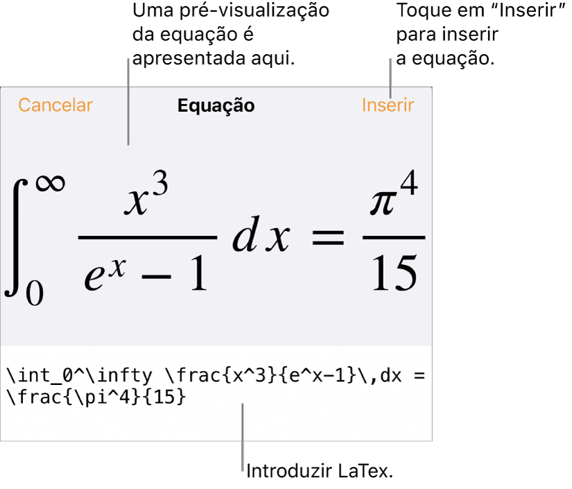 A caixa de diálogo “Equação”, apresentando uma equação escrita com recurso aos comandos LaTeX e uma pré-visualização da fórmula em cima.