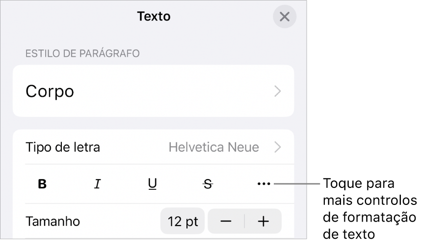 O separador “Texto” nos controlos de formatação com uma chamada para o botão "Mais opções de texto”.