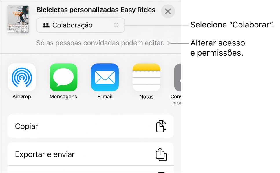 O menu "Partilha” com “Colaboração” selecionada na parte superior e as definições de acesso e permissão por baixo.