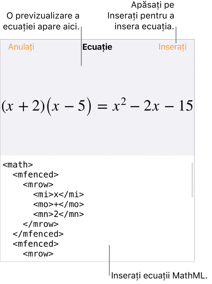 Caseta de dialog Ecuație, afișând o ecuație scrisă cu ajutorul comenzilor MathML și, deasupra, o previzualizare a formulei.