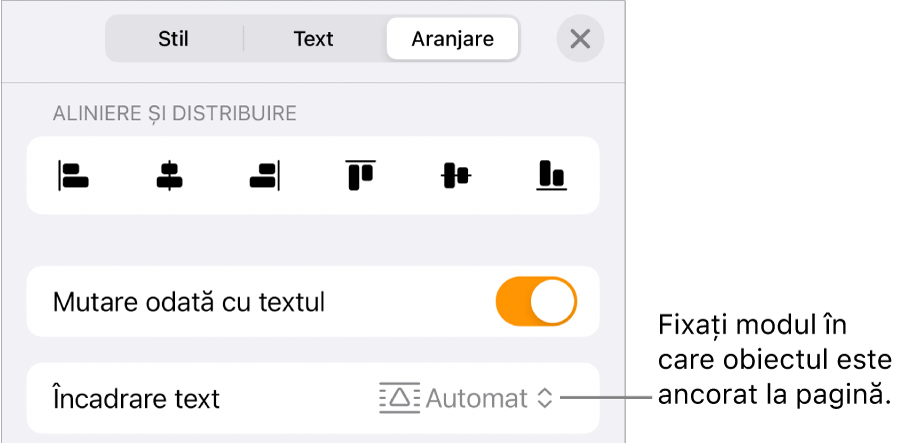 Comenzile de Aranjare cu Mutare odată cu textul și Încadrare text.