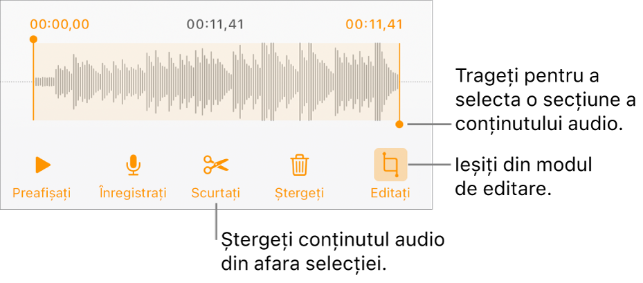 Comenzile pentru editarea conținutului audio înregistrat. Mânerele indică secțiunea selectată a înregistrării și butoanele pentru previzualizare, înregistrare, scurtare, ștergere și modul de editare se află mai jos.