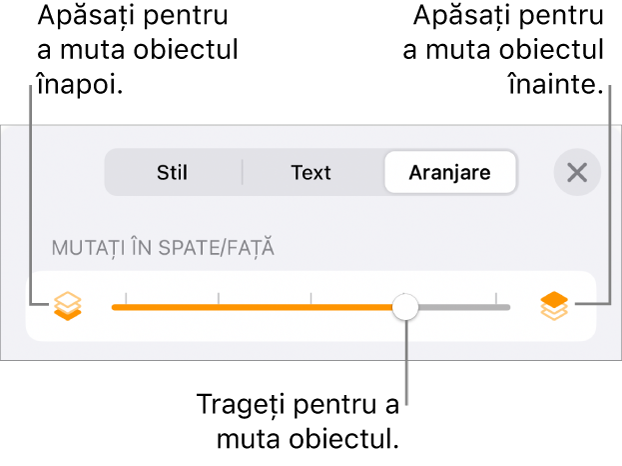 Butonul Deplasare înapoi, butonul Deplasare înainte și glisorul pentru straturi.