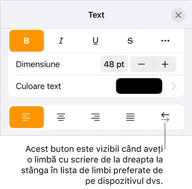 Comenzile pentru text din meniul Format cu o explicație referitoare la butonul De la dreapta la stânga.
