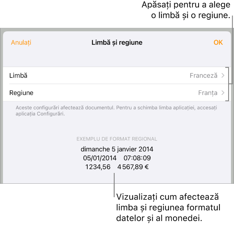 Panoul Limbă și regiune, cu comenzile pentru limbă și regiune și un exemplu de format, inclusiv data, ora, zecimale și valuta.