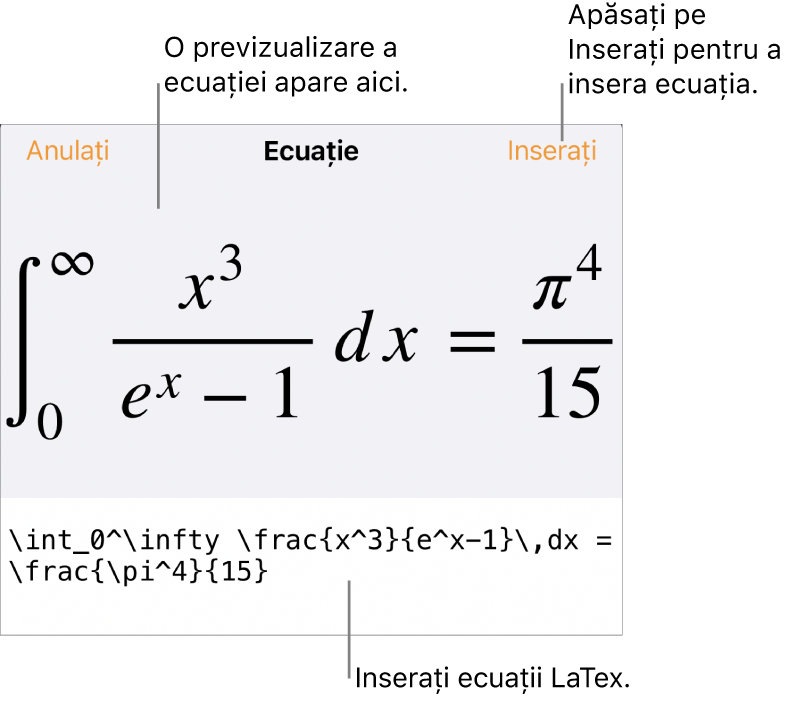 Caseta de dialog Ecuație, afișând o ecuație scrisă cu ajutorul comenzilor LaTex și, deasupra, o previzualizare a formulei.