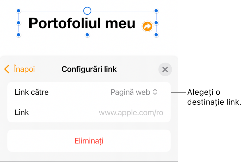 Comenzile Configurări link cu opțiunea Pagină web selectată și butonul Eliminați în partea de jos.