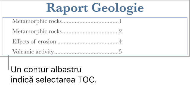 O tablă de materii inserată într-un document. Intrările afișează anteturile, împreună cu numerele de pagină aferente.
