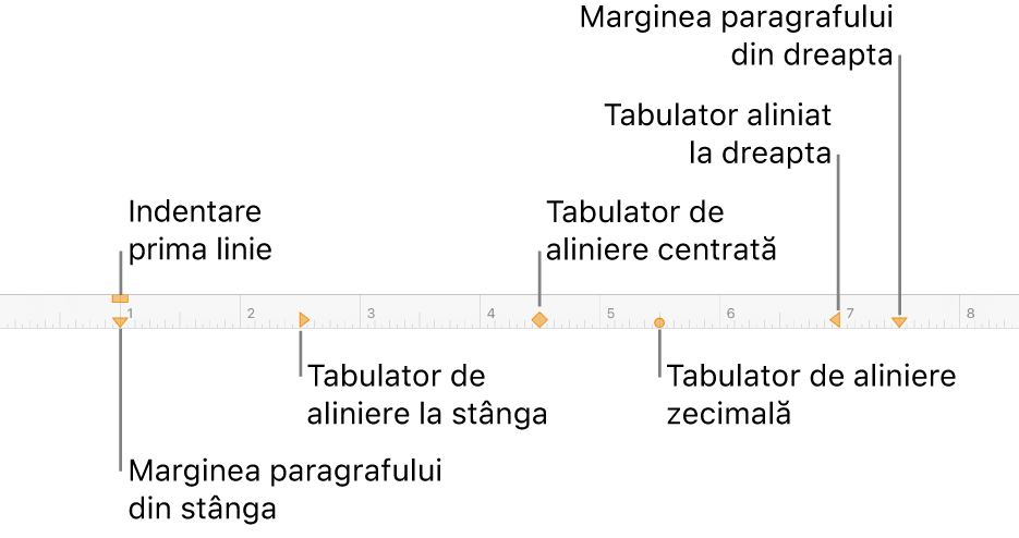 Riglă afișând comenzile pentru marginile stângă și dreaptă, indentarea primei linii și patru tipuri de stopuri de tabulare.