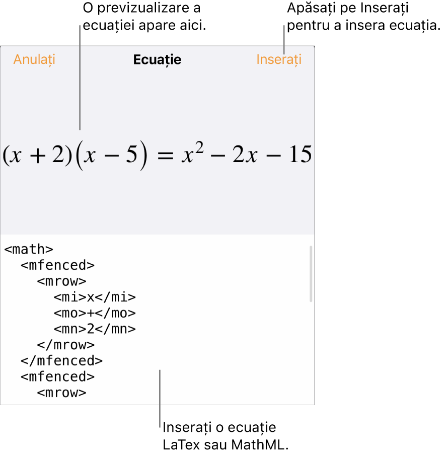 Caseta de dialog Ecuație, afișând o ecuație scrisă cu ajutorul comenzilor MathML și, deasupra, o previzualizare a formulei.