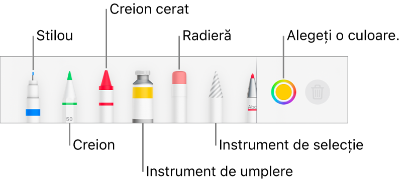 Bara de instrumentele pentru desen din Pages pe iPhone cu stilou, creion, creion cerat, instrument de umplere, radieră, instrument de selecție și sursă de culoare afișând culoarea curentă.