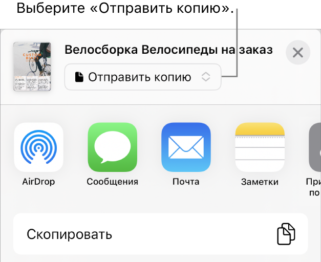 В верхней части меню «Поделиться» выбран параметр «Отправить копию».