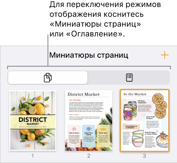 Панель «Миниатюры страниц» с миниатюрами каждой страницы. Кнопка «Миниатюры страниц» и кнопка «Оглавление» отображаются внизу экрана.
