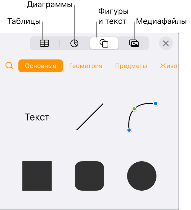 Открыты элементы управления параметра «Вставить» с кнопками для добавления таблиц, диаграмм, текста, фигур и медиафайлов, расположенными сверху.