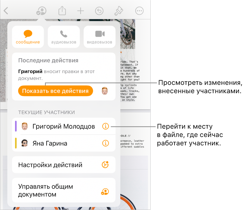 В меню совместной работы показаны активные участники.