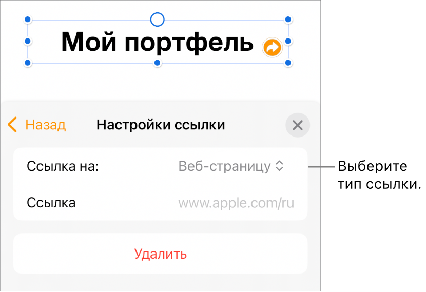 Элементы управления «Настройки ссылки»; выбран элемент «Веб-страница». В нижней части экрана показана кнопка «Удалить».