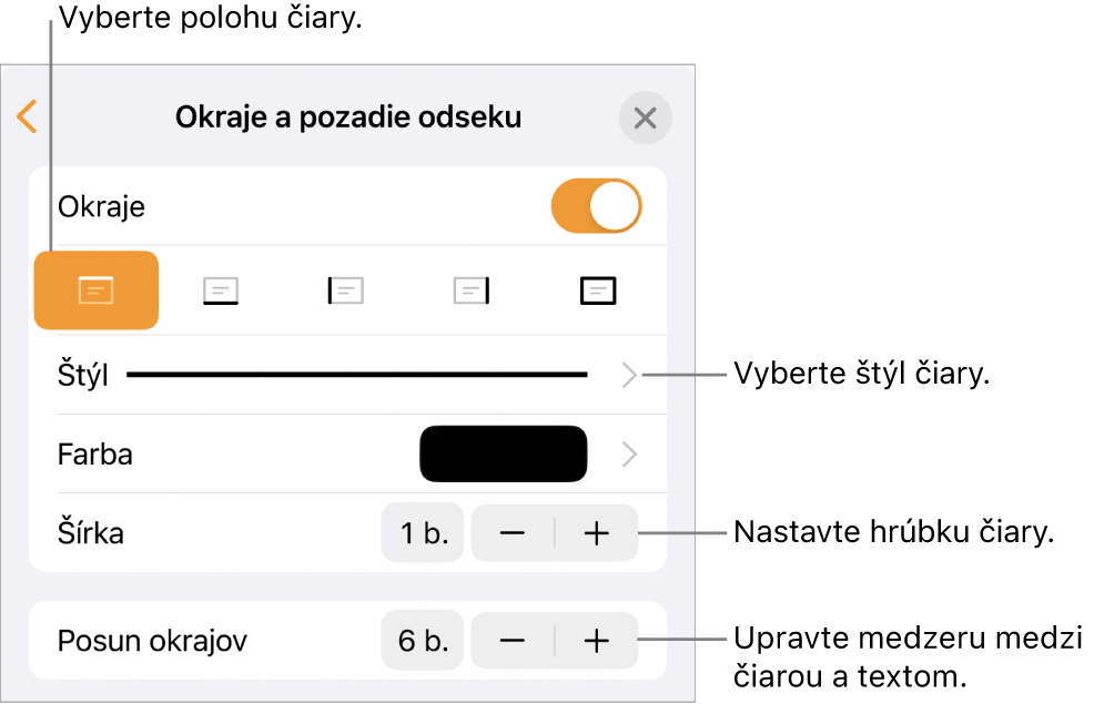 Ovládacie prvky na zmenu štýlu, hrúbky, polohy a farby čiary.