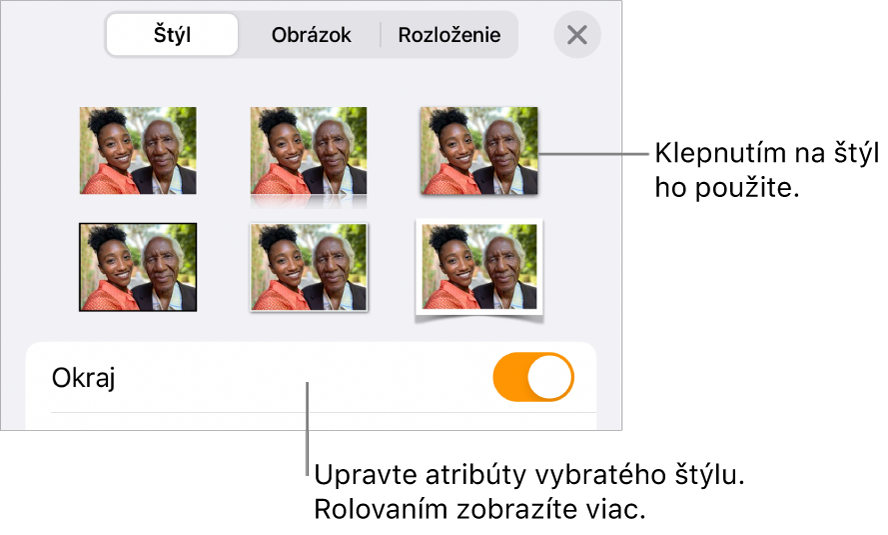 Štýl v menu Formát so štýlmi objektov v hornej časti a ovládacím prvkom pod nimi s možnosťou zmeny okraja.